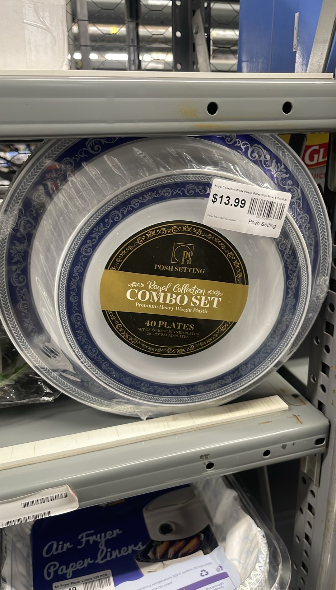 Posh Setting Royal Collection White Plastic Plates With Silver & Royal Blue Plastic Plates Design (Includes 20 10.25 Dinner Plates and 20 7.25 Salad Plates) Fancy Disposable Dinnerware