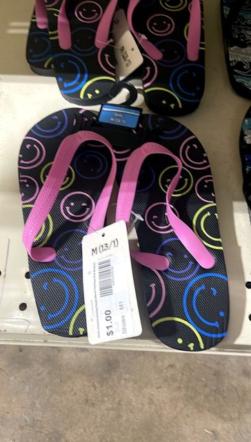 Girl's Colorful Smiley Faces Black Flipflops Size Medium