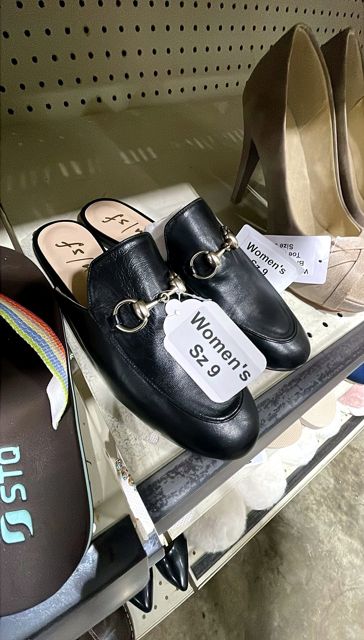 Women's Leather Black Slides with Silver Ornament Size 9